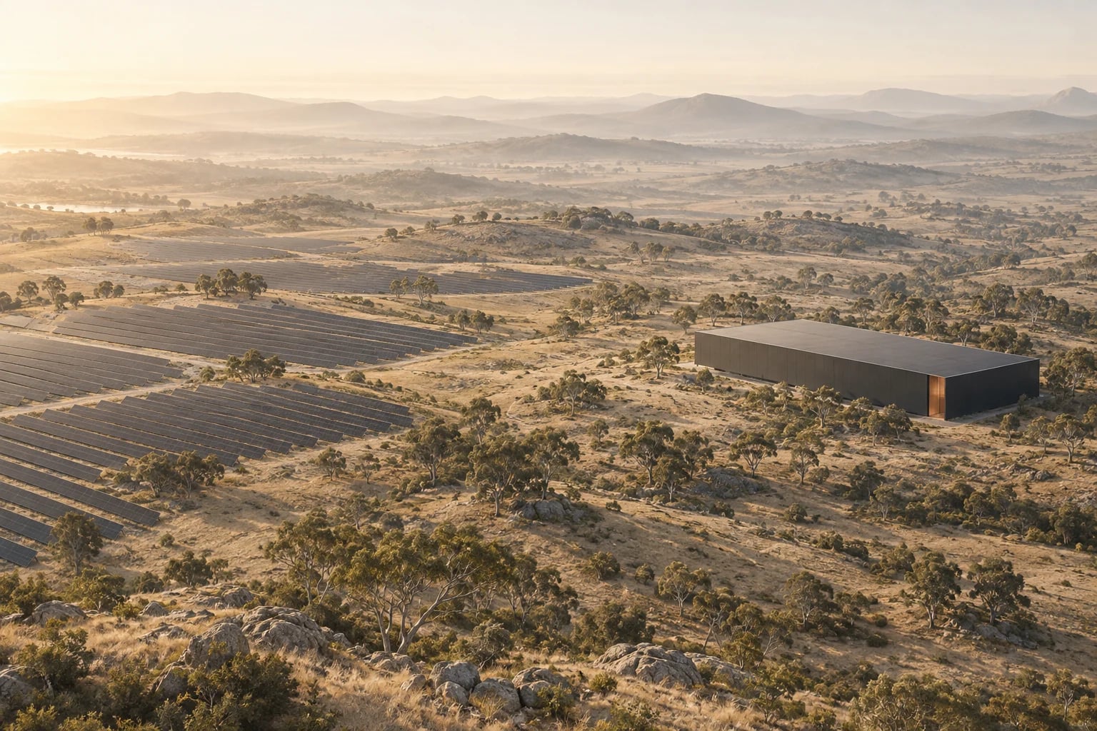Campus design study: a closed data hall and solar landscape in Australian terrain.