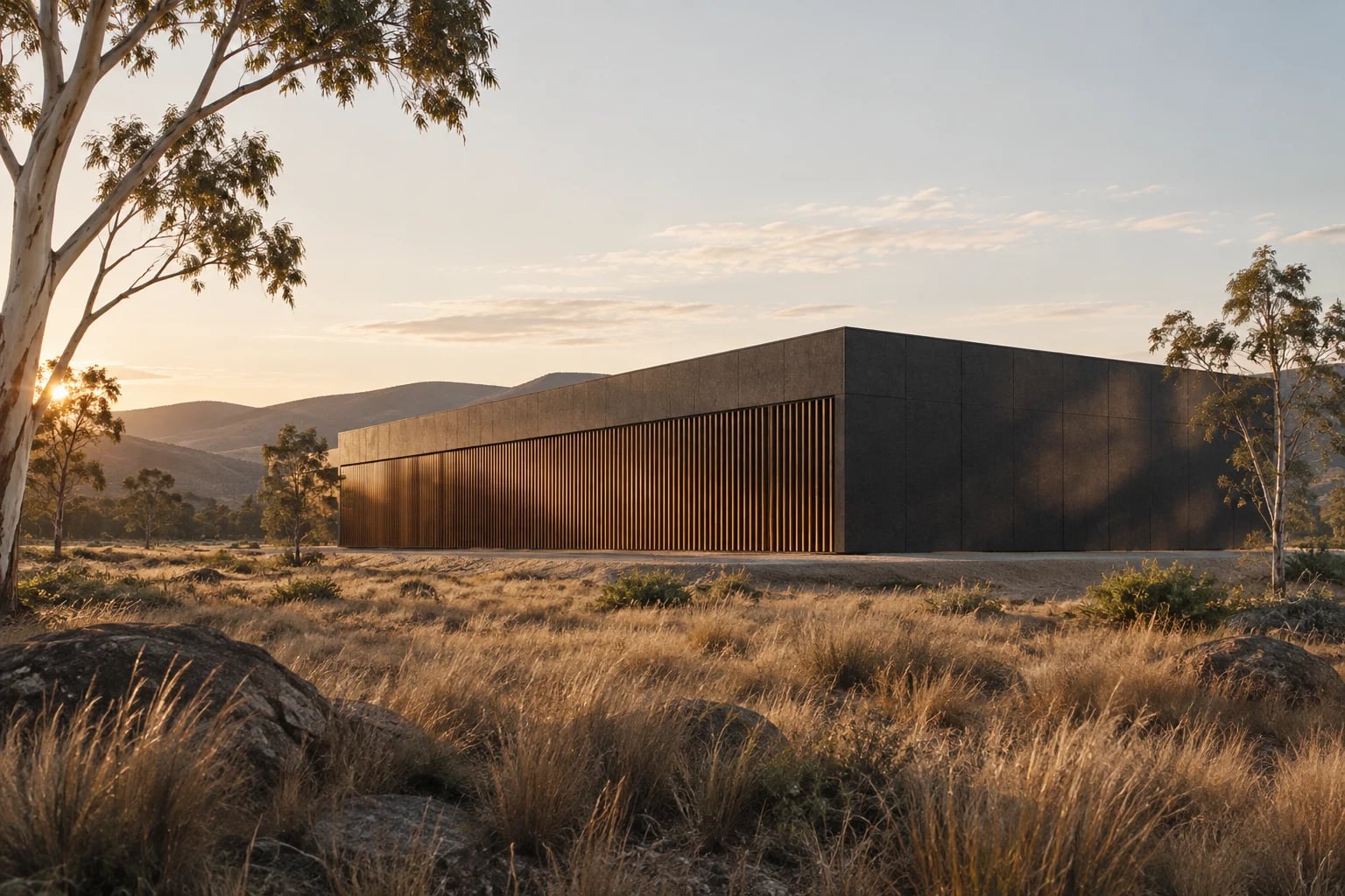 Architectural study: a charcoal data hall at first light.