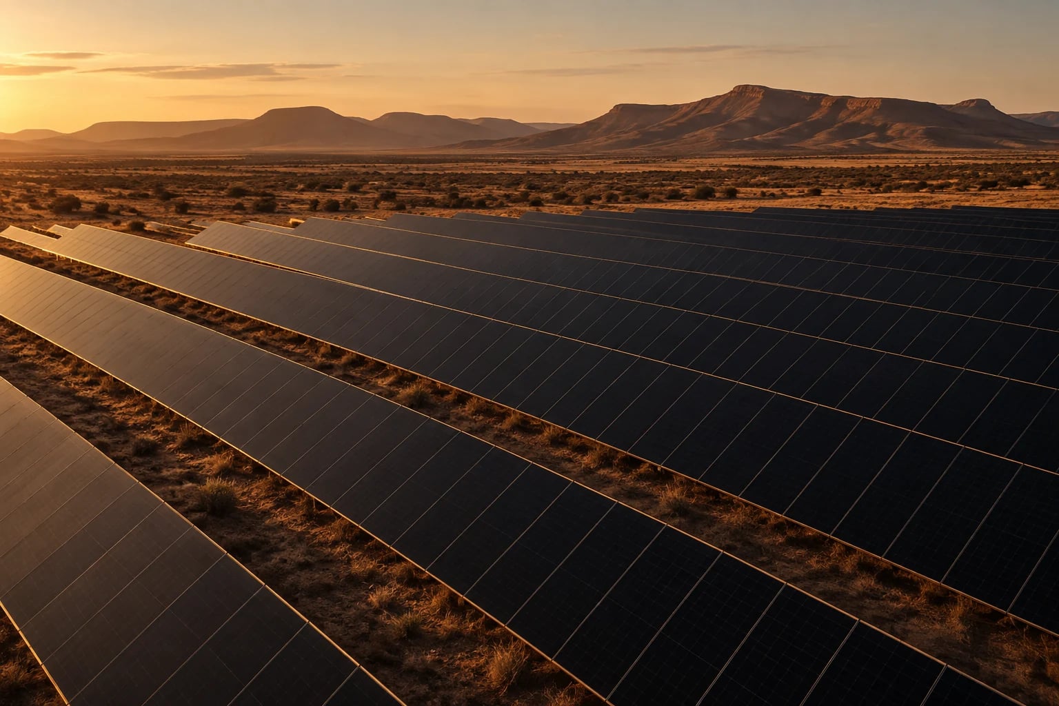 Energy study: solar surfaces catching the last light beneath a distant escarpment.