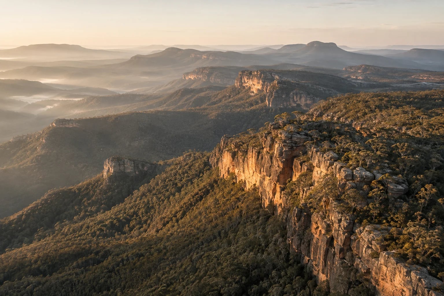 Australian sandstone escarpments catching first light across a forested valley.