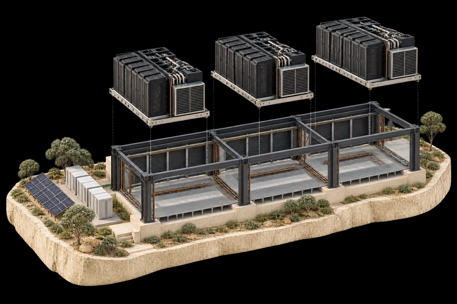 An exploded architectural model of a campus: removable compute and cooling modules lift above a permanent structure, energy systems and landscape.
