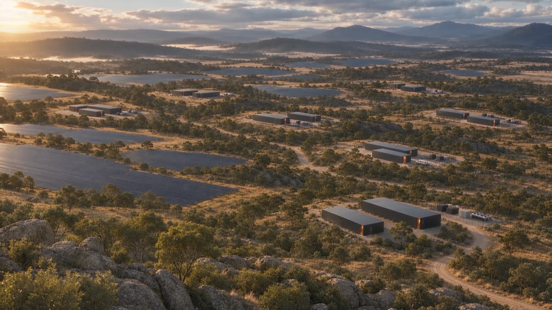 Concept study of modular data halls being assembled in an Australian landscape.